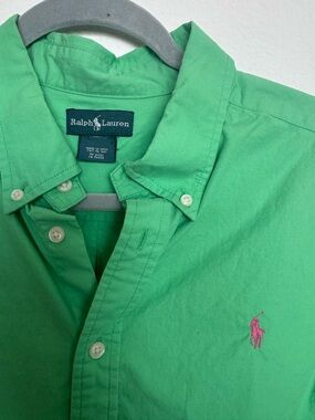 Vintage Ralph Lauren Button-Down Shirt - Green with Pink Logo